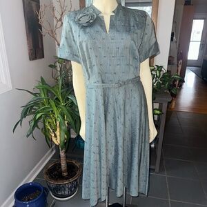 Vintage 1940's Teal Blue A-line Dress with Belt By Lovette Fashions.